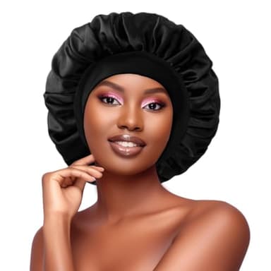 KEPUWAY Satin Silk Bonnet for Sleeping, Silk Hair Bonnets for Sleeping Women, Black Widesoft Band Satin Sleep Cap Hair Wrap for Curly Hair showercap - Image 1