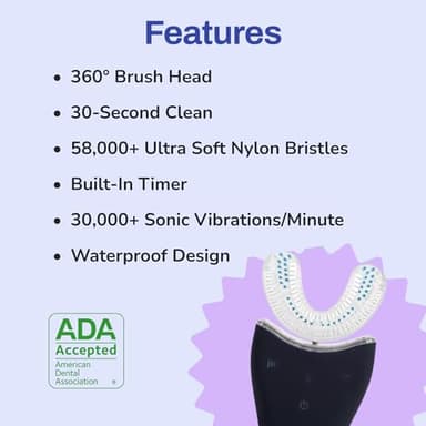 autobrush Sonic Pro U Shaped Adults Electric Toothbrush with Unique 360° Nylon Bristles, 3 Cleaning Modes, Ultrasonic LED Light, Rechargeable, Waterproof (Double-Sided, Black) - Image 6