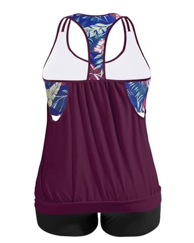 Holipick Purple Floral Plus Size Tankini Swimsuit for Women Two Piece Tummy Control Bathing Suit Blouson Racerback Tankini Top with Shorts 20W - Image 2