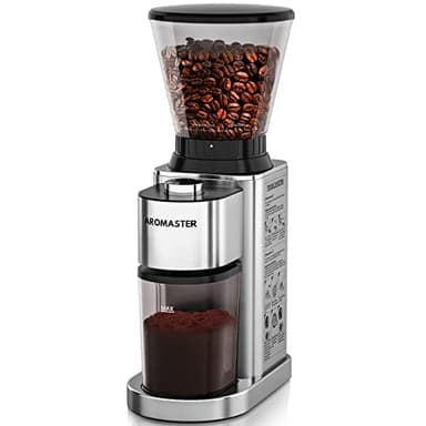 Aromaster Coffee Bean Grinder with 48 Gind Settings, Conical Burr Coffee Grinder for Home Use,Stainless Steel,40 Seconds Adjustable Timer,Anti-static,Easy to Clean with Brush - Image 1