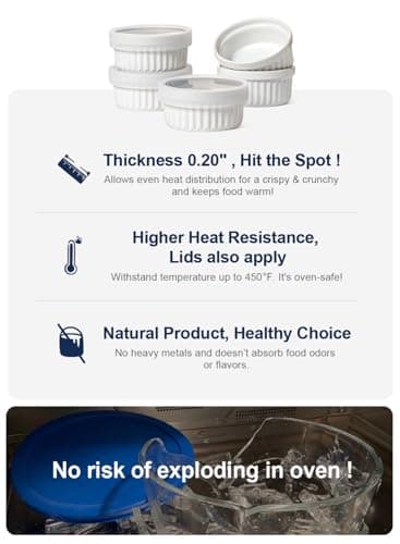 LE TAUCI Ramekins with Silicone Lids, 4 OZ Ceramic Soufflé Dishes, Ramekin Bowls for Crème Brûlée, Dessert, Dips, Oven & Microwave Safe, Set of 4, White - Image 7