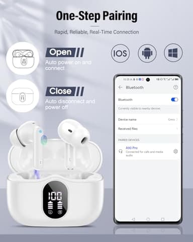 Wireless Earbuds, Bluetooth 5.4 Headphones Bass Stereo, Ear Buds with Noise Cancelling Mic, IP7 Waterproof in Ear Earphones, 36H LED Display Bluetooth Earbuds for Laptop Pad Phones Sports, White - Image 6