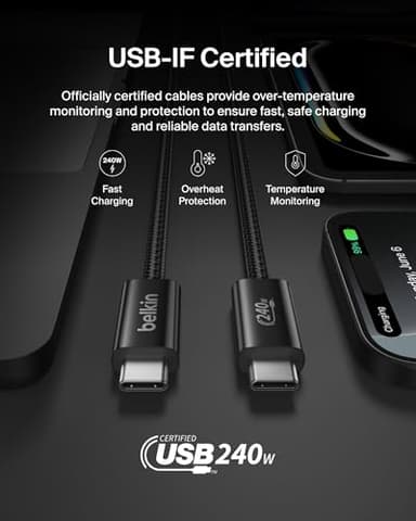 Belkin USB C to USB C Cable, 6.6ft, 240W - Type C Charger, iPhone Charger Cord, Soft, Braided, Flexible for iPhone 17, Galaxy S25, Pixel 10, MacBook, Chromebook, iPad Pro, Switch Steam Deck – Black - Image 4