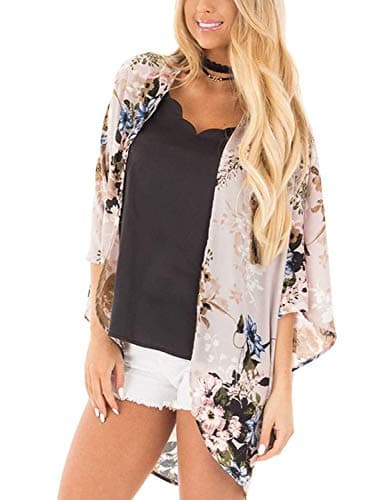 Chunoy Women Floral Kimono Cover Up Short Sleeve Shawl Chiffon Casual Lightweight Cardigan Grey Small - Image 1