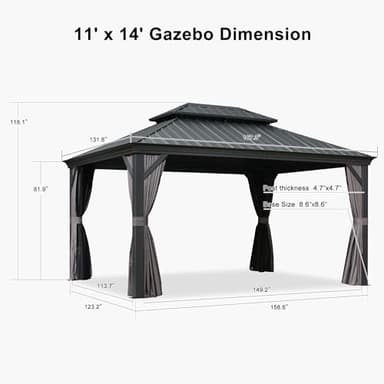 PURPLE LEAF 11' X 14' Hardtop Gazebo with Galvanized Steel Double Roof Outdoor Gazebo for Patio Lawn and Garden Curtains and Netting Included Grey - Image 8