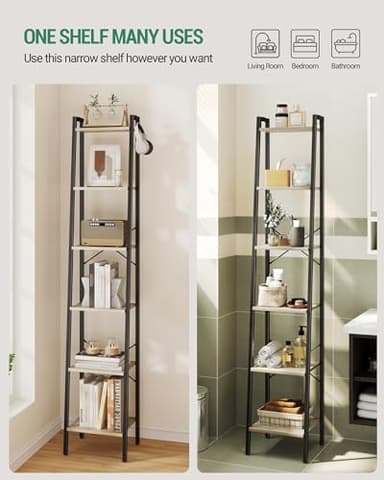 Hzuaneri Ladder Shelf, Bookshelf Bookcase, Freestanding Corner Storage Shelve with 2 Hooks for Home Office, Living Room, Kitchen, Bedroom, Industrial, 6-Tier Greige BC13305B - Image 3