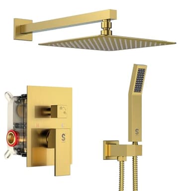 SR SUN RISE Shower Faucets Sets Complete Brushed Gold Square Rain Shower Head with Handheld Spray All Metal Shower Faucet Trim Repair Kits (Contain Shower Valve) - Image 1