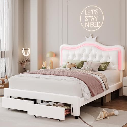 Keyluv Full Upholstered LED Bed Frame with Storage Drawer, Leather Princess Platform Bed with Adjustable Crystal Button Tufted Crown Headboard, Solid Wooden Slats Support, No Box Spring Needed, White - Image 1