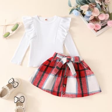 AMAWMW Toddler Baby Girl Christmas Clothes Long Sleeve Ruffle Shirt Buffalo Plaid Skirt Infant Girl Fall Winter A-line Dress - Image 3