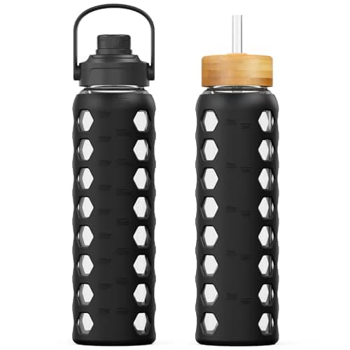MUKOKO 32oz Glass Water Bottles with 2 Lids-Handle Spout Lid&Bamboo Straw Lid, Motivational Water Tumbler with Time Marker Reminder and Silicone Sleeve, Leakproof-Black-1 Pack - Image 1