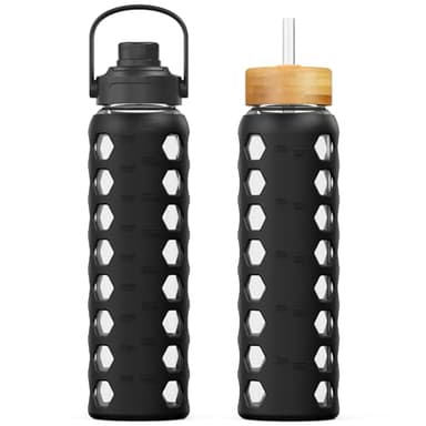 MUKOKO 32oz Glass Water Bottles with 2 Lids-Handle Spout Lid&Bamboo Straw Lid, Motivational Water Tumbler with Time Marker Reminder and Silicone Sleeve, Leakproof-Black-1 Pack - Image 1