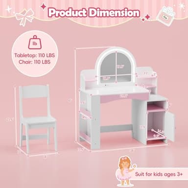 MU Kids Vanity with Lights, Princess Makeup Vanity Desk with Open Bookshelf, Storage Cabinet & Shelves, 2 in 1 Toddler Vanity Table & Chair Set with Lighted Mirror for Little Girls (White) - Image 7
