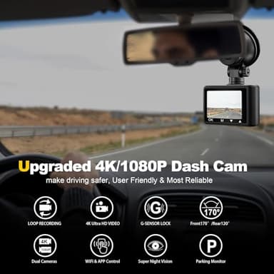 Dash Camera, 4K/1080p Dash Camera Front and Rear, Built-in 5GWiFi, Dash Cam with 64GB SD Card, Full HD 2.0” IPS Screen, for App Control, G-Sensor, Loop Recording, and Parking Mode - Image 2