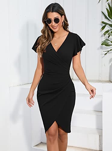 Machico 2024 Black Party Dresses for Women Elegant Classy Ruffle Sleeve V Neck Wrap Bodycon Short Work Dresses - Image 2