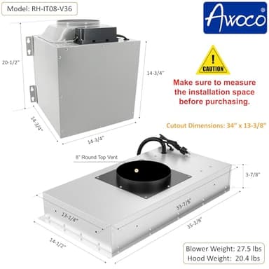 Awoco 36"Wx15"D Ceiling Insert Mount Split Quiet Range Hood with Voice, Gesture, Touch, Remote Controls, 1000 CFM Kitchen Hood with 4-Speed Exhaust Fan, Stainless Steel Stove Hood with 8" Blower - Image 6