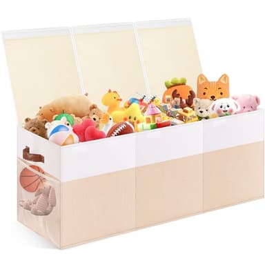 Extra Large Toy Storage Box with Lid, Collapsible Sturdy Toys Chest Storage Organizer Bin Basket with Divider for Kids, Boys, Girls, Closet, Playroom, Bedroom, Nursery, 40"X14"X16", Beige & White - Image 1