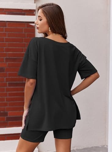 Ekouaer Womens Pajamas 2 Piece Lounge Sets Oversized V Neck T-Shirts Tops Biker Shorts Set Black - Image 4