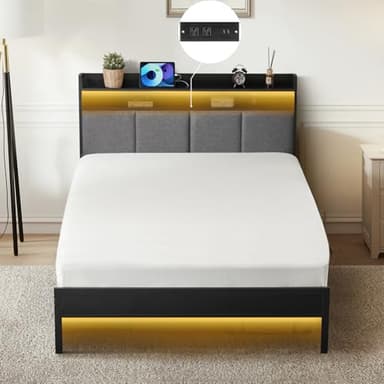 Z-hom Twin Bed Frames, Upholstered Upgraded Metal Bed Frame with LED Lights Headboard & Footboard, Bed Furniture with Charging Station Ports & Storage Shelves, Easy Assembly Bed Frame, Noise Free - Image 1