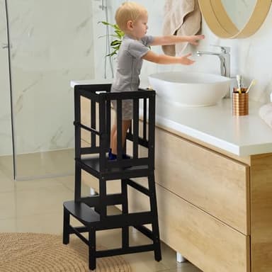 COSYLAND Kids Kitchen Step Stool Helper Baby and Toddler Multi-Function Step up Nursery Helper Stand with Safety Rail in Natural Bamboo, Strong and Lightweight (Black) - Image 7