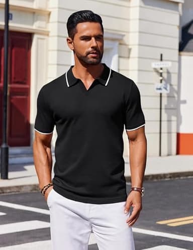 COOFANDY Mens Polo Shirts Short Sleeve Casual Knit Polo Shirt Vintage Golf T Shirts Old Money Tops Black - Image 2