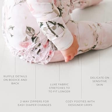 Posh Peanut Footie Pajamas for Baby Girls – Sleepers in Ultra-Soft Viscose from Bamboo with 2-Way Zipper & Ruffle Trim – Newborn to Toddler Sleepwear (Vintage Pink Rose, 0-3 Months) - Image 4