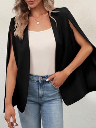 GAMISOTE Womens Cape Blazer Split Sleeve Open Front Casual Jacket Coat Workwear Black - Image 2