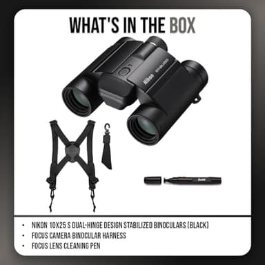 Nikon 10x25 S Dual-Hinge Design Stabilized Binoculars with Multilayer Lens Coatings (Black) Bundle with Focus Camera Binocular Harness and Focus Lens Cleaning Pen (3 Items) - Image 7