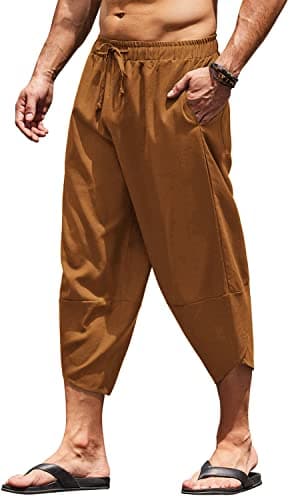 COOFANDY Mens Linen Beach Pants 3/4 Harem Capri Trousers Casual Summer Hippie Yoga Shorts Drawstring Aladdin Hippie Pants Brown - Image 1