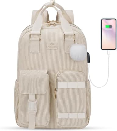 MATEIN School Backpack for Girls, 15.6 Inch Cute College Backpack Corduroy Computer Bookbag with USB Charging Port, TSA Lightweight Kawaii Travel Laptop Backpack Aesthetic for Teens Students, Beige - Image 1