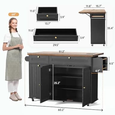 60" Kitchen Island with Power Outlet & Drop Leaf, Kitchen Rolling Island with Spice Rack & Towel Rack, Knife Holder, Kitchen Island Cart with Trash Storage Cabinet, Mobile Island Table for Kitchen - Image 3