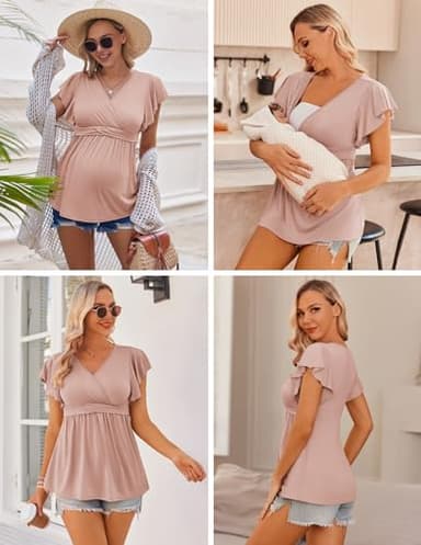 Ekouaer Maternity Shirts 3 Packs Flying Short Sleeve Nursing Tops Pregnancy Clothes Light Grey + Black + Pink XXL - Image 3