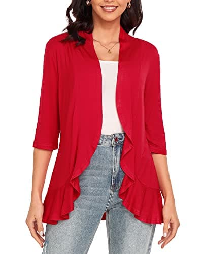 Argstar Red Cardigan for Women, Lightweight Open Front Casual Soft Draped Ruffles 3/4 Sleeve X-Large - Image 1