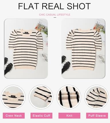 Dokotoo Short Sleeve Sweater for Women 2025 Trendy Crewneck Tops Casual Black Striped Blouse Puff Sleeve Fall Clothing Color Block Knitted Shirts Casual Business Outfits for Outgoing Large - Image 3