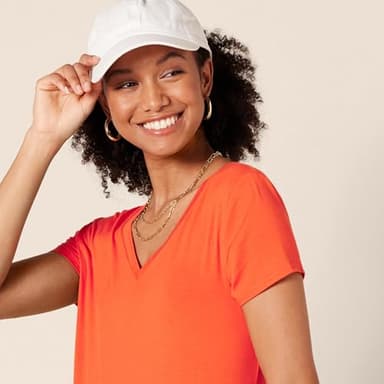 Amazon Essentials Women's Jersey V-Neck Short Sleeve Midi Length Dress, Coral Orange, Small - Image 4