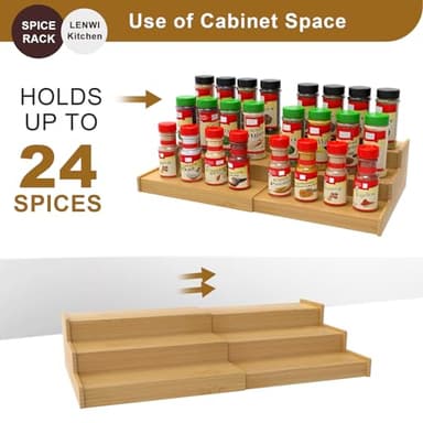 Lenwi Spice Rack Organizer for Cabinet, 3 Tier Expandable Bamboo Spice Storage, Great for Kitchen Cabinet, Cupboard,Pantry and More - Image 7