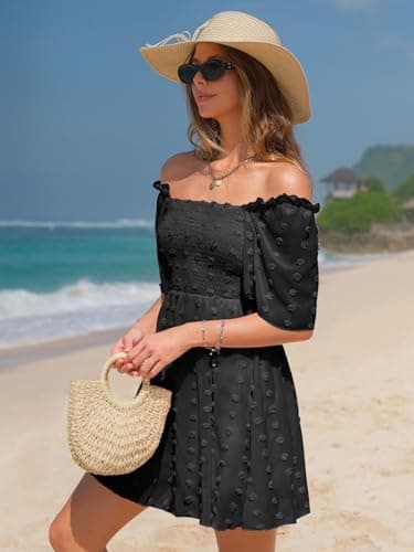 EXLURA Women's 2025 Summer Casual Square Neck Dresses Ruffle Short Sleeve Swiss Dot Flowy Mini Dress Black - Image 4