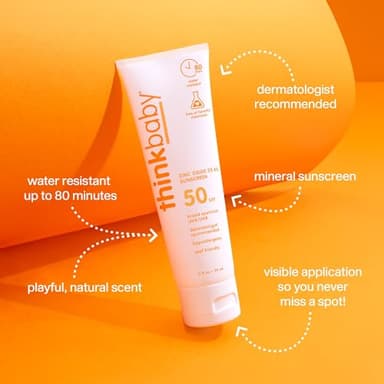 Thinkbaby SPF 50+ Baby Mineral Sunscreen – Safe, Natural Sunblock for Babies - Water Resistant Sun Cream – Broad Spectrum UVA/UVB Sun Protection – Vegan Baby Sunscreen Lotion, 3 Oz. - Image 3