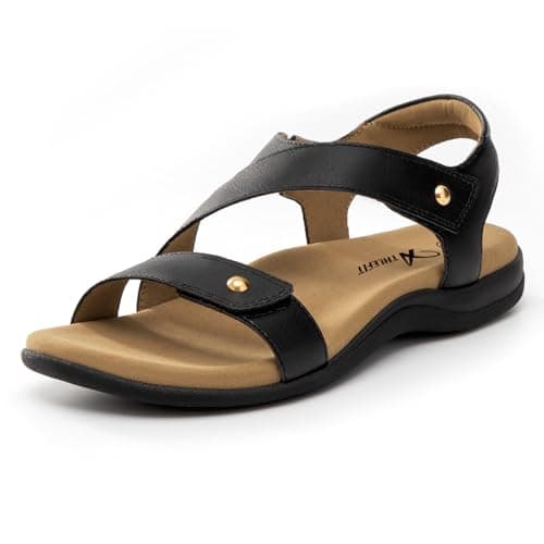 Athlefit Women Summer Comfortable Arch Support Orthopedic Sandals Orthotic Leather Black Flat Sandals Size 11 - Image 1