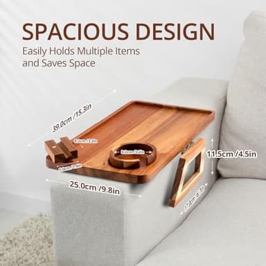 Premium Acacia Wood Sofa Arm Tray Table for Couch | Clip on Food Tray for Wide Armrest | Anti-Slip Wooden Armchair Folding Table for Drinks and Snacks, Remote Controls, Phone, TV Dinners (Deluxe) - Image 2