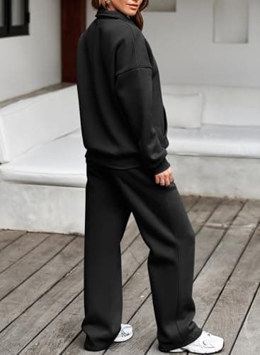 Aleumdr Two Piece Sets for Women Sweatsuit Tracksuits Zip Up Sweatshirt Fleeced Wide Leg Sweatpants 2025 Fall Athleisure Sweat Matching Sets Women Clothing Cotton Lounge Sets Black X-Large - Image 5