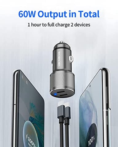 Dual 45W USB C Car Charger, 90W Max Super Fast Charging, All Metal 12V Cigarette Lighter Adapter for iPhone 17 Pro Max/16/15/iPad, Samsung Galaxy S25/S24, Google Phones with 2 Type C Cable 3.3ft Gray - Image 3