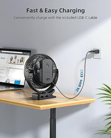 Koonie 10000mAh Clip on Fan Rechargeable, 8-Inch Battery Operated Desk Fan, USB Fan, 4 Speeds, Strong Airflow, Sturdy Clamp for Golf Cart Office Desk Outdoor Travel Camping Tent Gym Treadmill,Black - Image 7