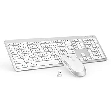 Wireless Keyboard and Mouse Combo - Full Size Slim Thin Wireless Keyboard Mouse with Numeric Keypad 2.4G Stable Connection Adjustable DPI (White & Silver) - Image 1