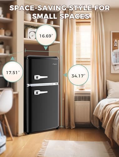 Anypro 3.2 Cu.Ft Refrigerator, Retro Double Door Fridge with Freezer, 7 Adjustable Temperature Settings, Removable Glass Shelves for Dorm, Office, Bedroom, Apartment, Black - Image 6