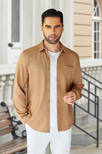 COOFANDY Men's Business Casual Shirt Long Sleeve Button Down Relaxed Fit Shirt Light Brown - Image 2