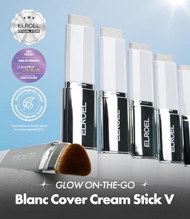 ELROEL Blanc Cover Cream Stick V White - Korean Color-Changing Foundation Stick with Volufiline - Medium to Full Coverage Dewy Finish Base Makeup - Dual-Ended with Detachable Brush (202 Natural) - Image 2