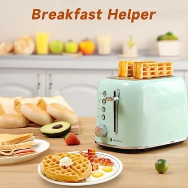 Aigostar Toaster 2 Slice Retro Toaster Stainless Steel, 1.6 inch Extra Wide Slots Bread Toaster Bagel, Cancel, Defrost Function, 6 Shade Settings & Removable Crumb Tray for Bread Waffle, Aqua Green - Image 7