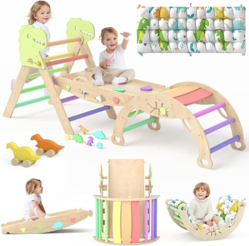 Pikler Triangle Set with Cushion 9 in 1 Climbing Toys for Toddlers 1-3 Indoor Baby Gym Toddler Montessori Toys Wooden Climbing with Maze, Shape Sorting, Dinosaur Car - Image 1