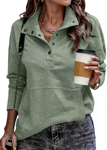 SHEWIN Oversized Sweatshirt for Women Loose Fit Casual V Neck Pullover Sweatshirts Lightweight Fall Long Sleeve Tops for Women 2025,US 16-18(XL),Green - Image 1