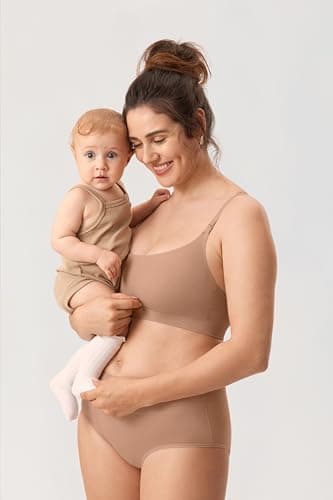 MOMANDA Ribbed Nursing Bras for Breastfeeding Support Maternity Sports Bra Wireless Seamless Sleep Bralettes Gravel Beige Large - Image 4